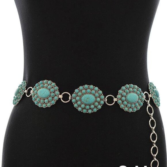 Western Turquoise Flower Concho Floral Oval Burst Medallion Belt S/M by Tipi 41" - Picture 1 of 3